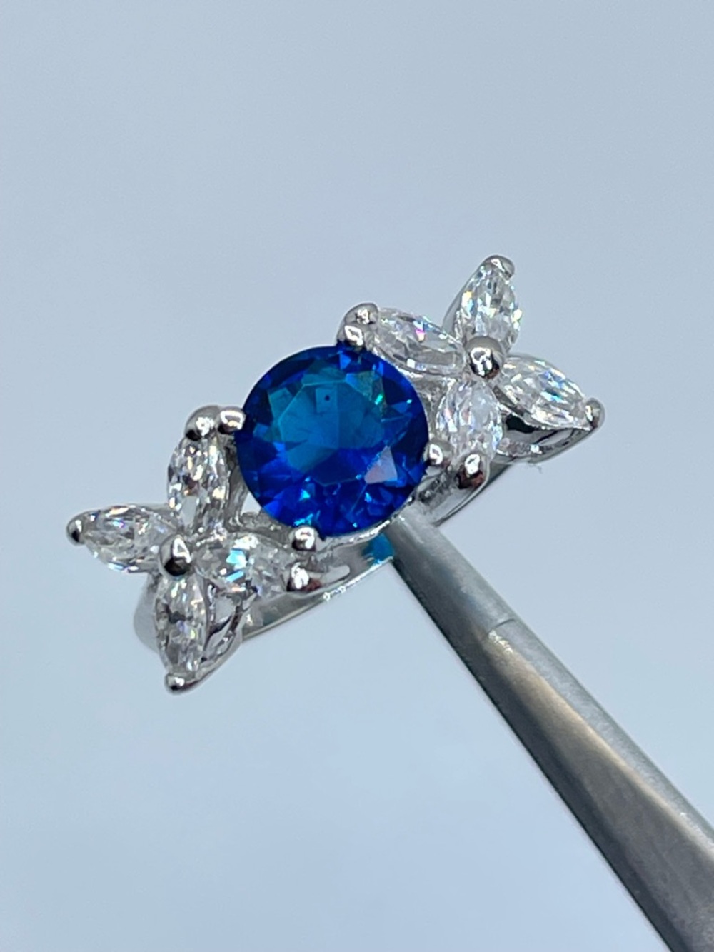 Sapphire Blue Diamond White Swarovski Crystal Elements Floral Ring Silver Sz 7